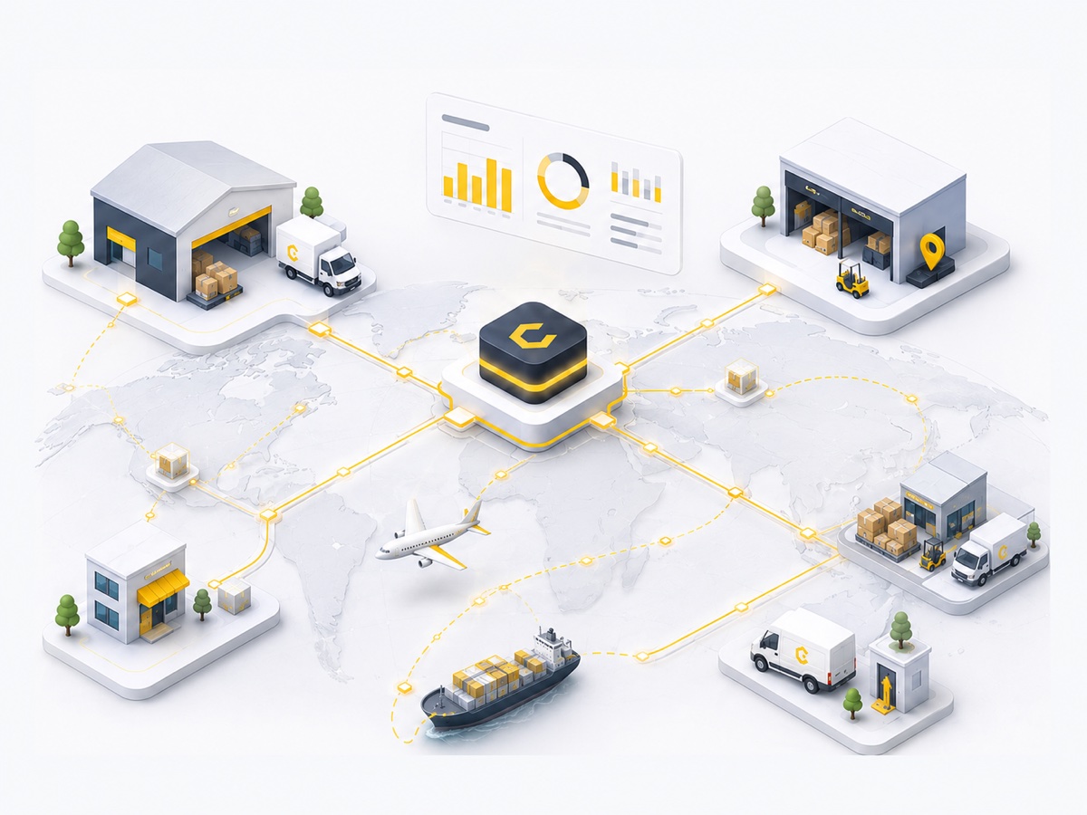 Red logística de CargoOS: sucursal, almacén, hub, aduana, marítimo/aéreo y entrega conectados en un solo sistema